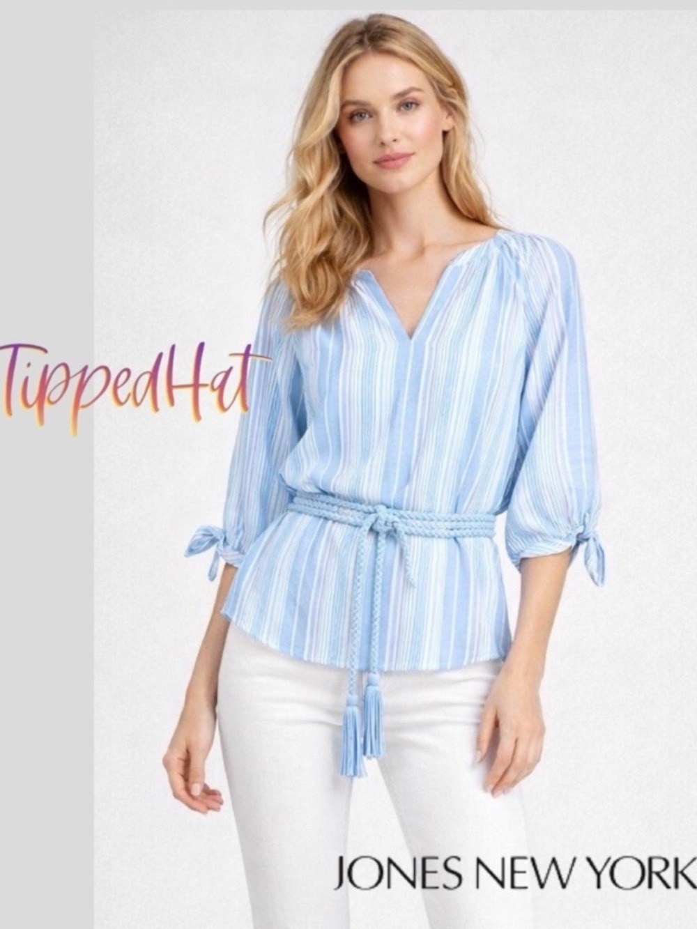 NWT $80 Jones New York Linen Blend Top – 3/4 Tie Sleeves